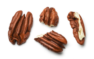 Isolated nuts. Ripe peeled pecan isolated on white background.