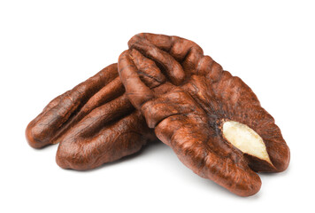 Isolated nuts. Ripe peeled pecan isolated on white background.