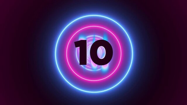 countdown timer from 10 to 0 seconds with Abstract background, circle shaped neon lights loop animation. 3d render