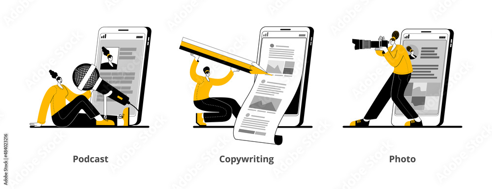 Poster a set of vector illustrations on the topic of promotion in social networks and the creation of inter
