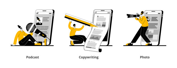A set of vector illustrations on the topic of promotion in social networks and the creation of interesting content.