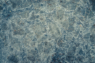 Cracked ice on concrete with yellow leaves. Yellow leaves and co