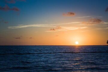 Beautiful sunrise at sea. Dawn on the Atlantic ocean. The sun is