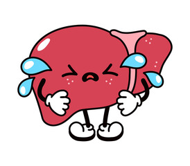 Cute funny crying sad liver character. Vector hand drawn traditional cartoon vintage, retro, kawaii character illustration icon. Isolated on white background. Cry liver character concept