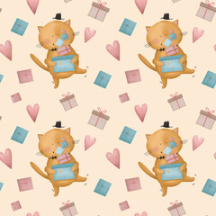 Seamless Valentine's Day pattern with hearts, gifts, and a funny yellow cat. Pattern in a cute style