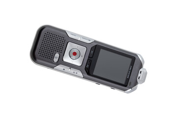 The voice recorder is isolated on a white background. Dictaphone close-up on a white background.
