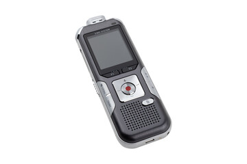 The voice recorder is isolated on a white background. Dictaphone close-up on a white background.