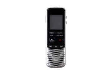 The voice recorder is isolated on a white background. Dictaphone close-up on a white background.