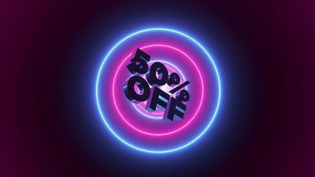 50% off 3D text title, with Abstract background, circle shaped neon lights loop animation. 3d render