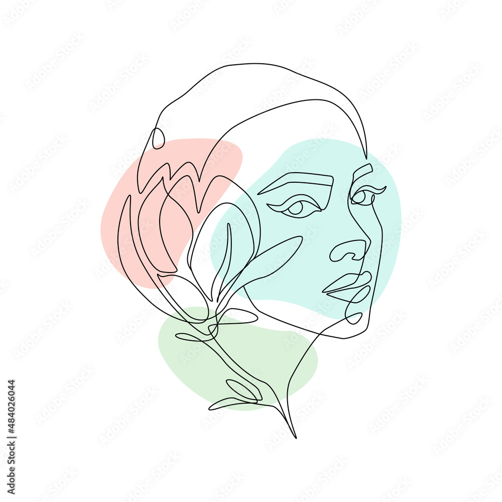 Poster woman face with flower in one continuous line drawing. abstract female portrait in simple linear sty