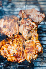 Close up fresh meat kebabs on skewers