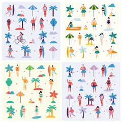 Summer background with people on the beach in the flat style