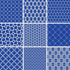 Set of seamless geometric patterns for your designs and backgrounds. Geometric abstract ornament. Modern blue and white ornaments with repeating elements