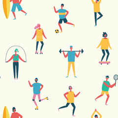 Fototapeta na wymiar Vector seamless pattern in flat design with group of people doing different kinds of sport