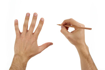 Hand draws with a pencil on a white background