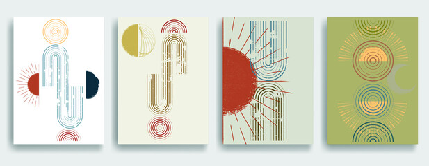 Modern layout with minimalist design elements . Grunge textured shapes in Boho style  . Wall art , home deco . Vector abstract shape. Modern art . Contemporary layouts set .