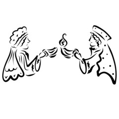 two young women from the Biblical parable of the ten virgins, an extinguished and burning lamp, black outline