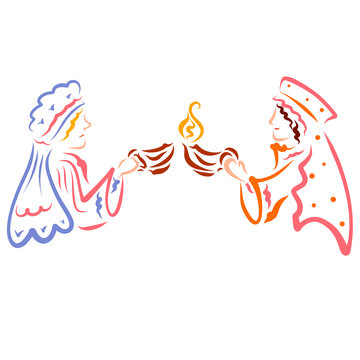 two young women from the Biblical parable of the ten virgins, an extinguished and burning lamp