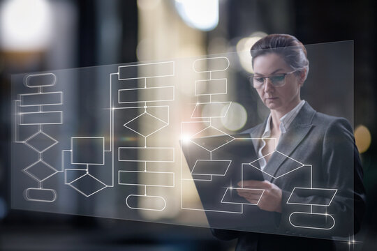 Businesswoman working with program flowchart on virtual computer screen.