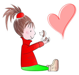 Beatiful little child girl with her puppy friend with red heart on white background. Vector illustration.