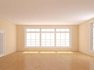Interior Concept of the Empty Room with Light Parquet Floor, Beige Walls, with a Large Full Wall Window, a White Door and a Window Opposite. 3D Rendering with Work Path on Windows