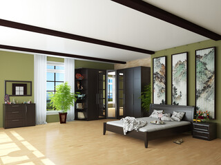 Bedroom Interior with Green Walls, Brown Wardrobe, Bed with Light Linens, Bedside Table, Ladies Table with Mirror, Potted Plants and Hanging Decorative Pano on the Wall. 3D Illustration, 7680x5760