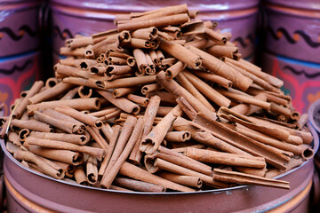 Cinnamon. Dried food products on the arab street market stall, spices
