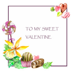 Valentine's Day card. Colorful illustration with chocolates, orchid flower and greenery.
