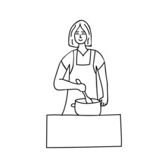 Woman cooking in kitchen doodle illustration in vector. Hand drawn woman cooking in kitchen. Wooman preparing dinner doodle icon