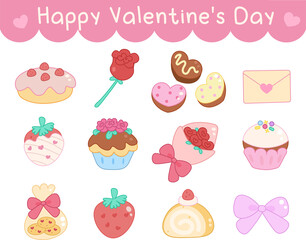 A vector set of Valentine icons: cake, rose, chocolate, love letter, strawberry, white chocolate, cupcake, bouquet, cookies, roll cake, ribbon, heart
