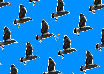 Seamless pattern with a seagull on a blue background. Screaming seagull. contemporary art collage.