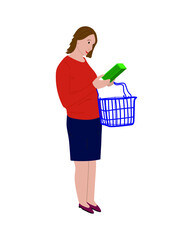 A woman stands with a grocery basket. The girl chooses and reads the instructions on the food box. Shopping. purchase of products. Isolated flat vector illustration