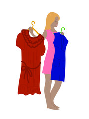 A woman makes a choice of clothes. A young girl chooses dresses for the holiday. Shopping, choosing clothes and shoes. Isolated flat vector illustration