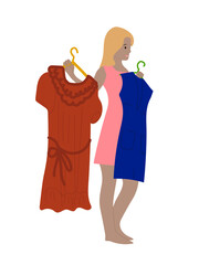 A woman makes a choice of clothes. A young girl chooses dresses for the holiday. Shopping, choosing clothes and shoes. Isolated flat vector illustration
