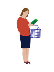 A woman stands with a grocery basket. The girl chooses and reads the instructions on the food box. Shopping. purchase of products. Isolated flat vector illustration