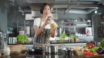 TV Cooking Show Kitchen: Asian Female Chef Talks about Ingredients, Teaches to Cook Food. Online Video Courses, Educational Television Program. Healthy Traditional Dish Recipe Preparation