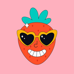 Cute cartoon strawberry character with retro glasses. Hippie, psychedelic, groove, retro and vintage style. Vector illustration