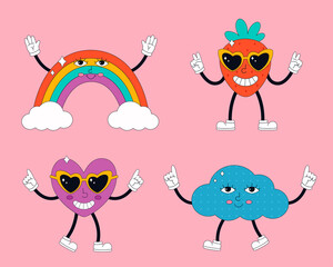 Set of cute characters in psychedelic 70's style. Hippie, psychedelic, groove, retro and vintage style. Vector illustration
