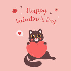 Cute cat character with heart. Valentines Day greeting card. Love, romantic, wedding, Valentines day concept. Vector illustration
