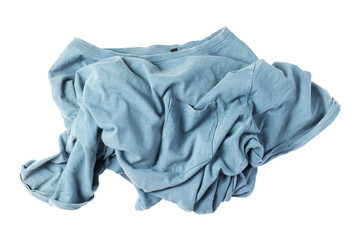 Crumpled blue t-shirt isolated on white background.