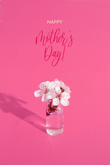 Happy Mothers Day greeting card with miniature glass bottle with flowers on pink background. Vertical format