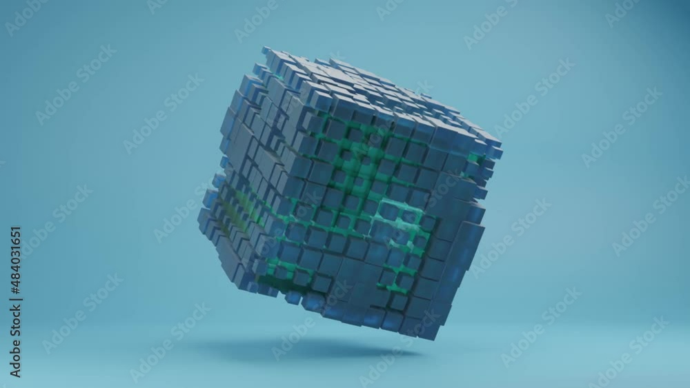 Poster abstract loop 3d animation of a futuristic cube made of many transparent glowing cubes. qubit. infor