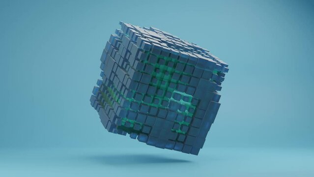 Abstract loop 3d animation of a futuristic cube made of many transparent glowing cubes. Qubit. Information cell. Quantum units.