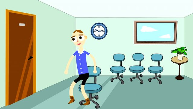 A man enters the waiting room, sits down on a chair and enters through the opened door. Looped animation of a drawn character in an office with a window and a clock on the wall.