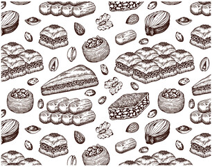 Sketch hand drawn pattern with turkish baklava on white background. Line art drawing oriental sweets wallpaper. - 484032636