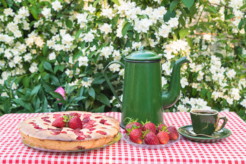Breakfast in the summer garden still life; Vintage coffee pot, cup of coffee and pie with...