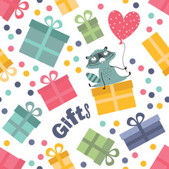 Seamless background with gift boxes and confetti. Happy Birthday.