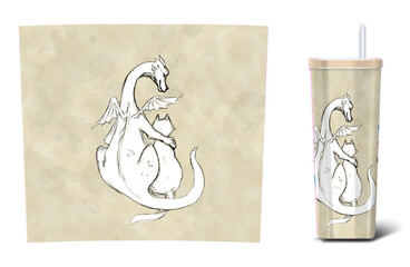 Vintage hand drawn design with dragon and cat on beige background form Valentines Day