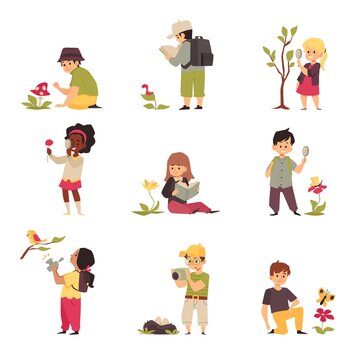 Set of childrens cartoon characters studying nature in flat vector illustration