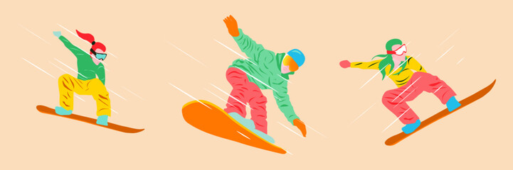 Man and 2 women doing sports exercises on a snowboard. Vector graphic illustration